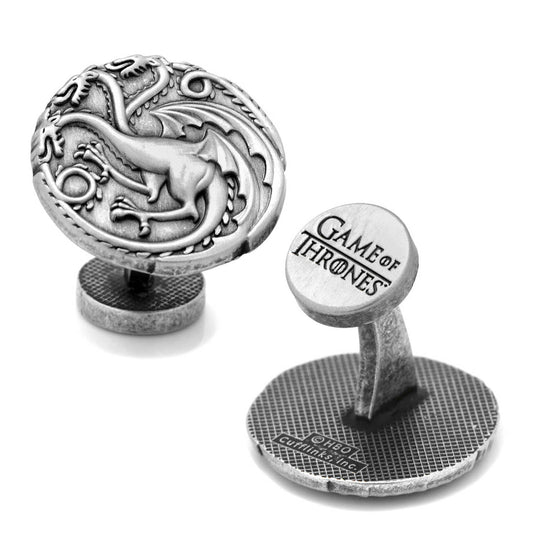 Game of Thrones Targaryen Three Headed Dragon Sigil Cufflinks by Cufflinks.com; one cufflink features the raised dragon sigil, while the other displays the show's logo with subtle copyright text below.