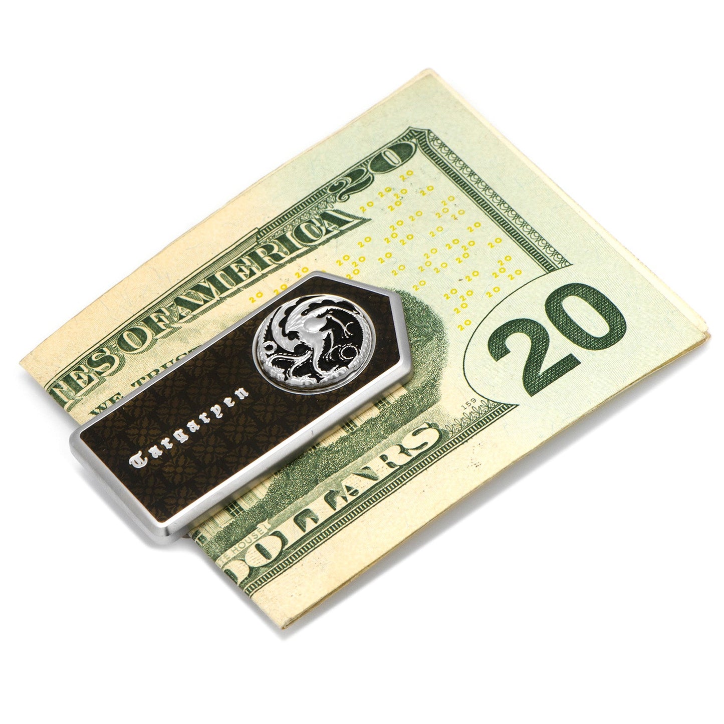 The Game of Thrones Targaryen Filigree Money Clip by Cufflinks.com features a black patterned surface, silver dragon sigil, and "Targaryen" engraving—perfect for any fan.