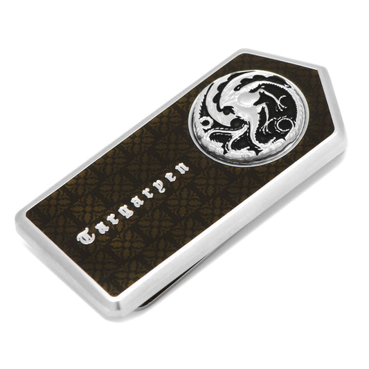 The Game of Thrones Targaryen Filigree Money Clip by Cufflinks.com features a black patterned surface, silver dragon sigil, and "Targaryen" engraving—perfect for any fan.