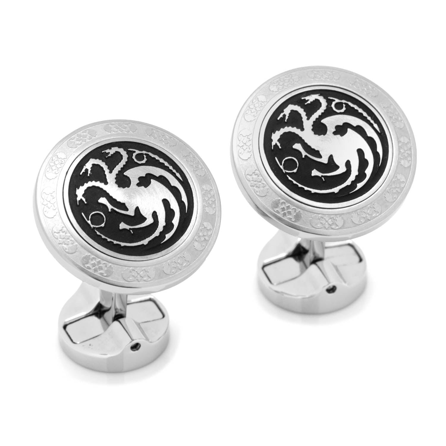 The Game of Thrones Targaryen Filigree Stainless Steel Cufflinks by Cufflinks.com feature the House Targaryen sigil and have the "Game of Thrones" logo engraved on the back.