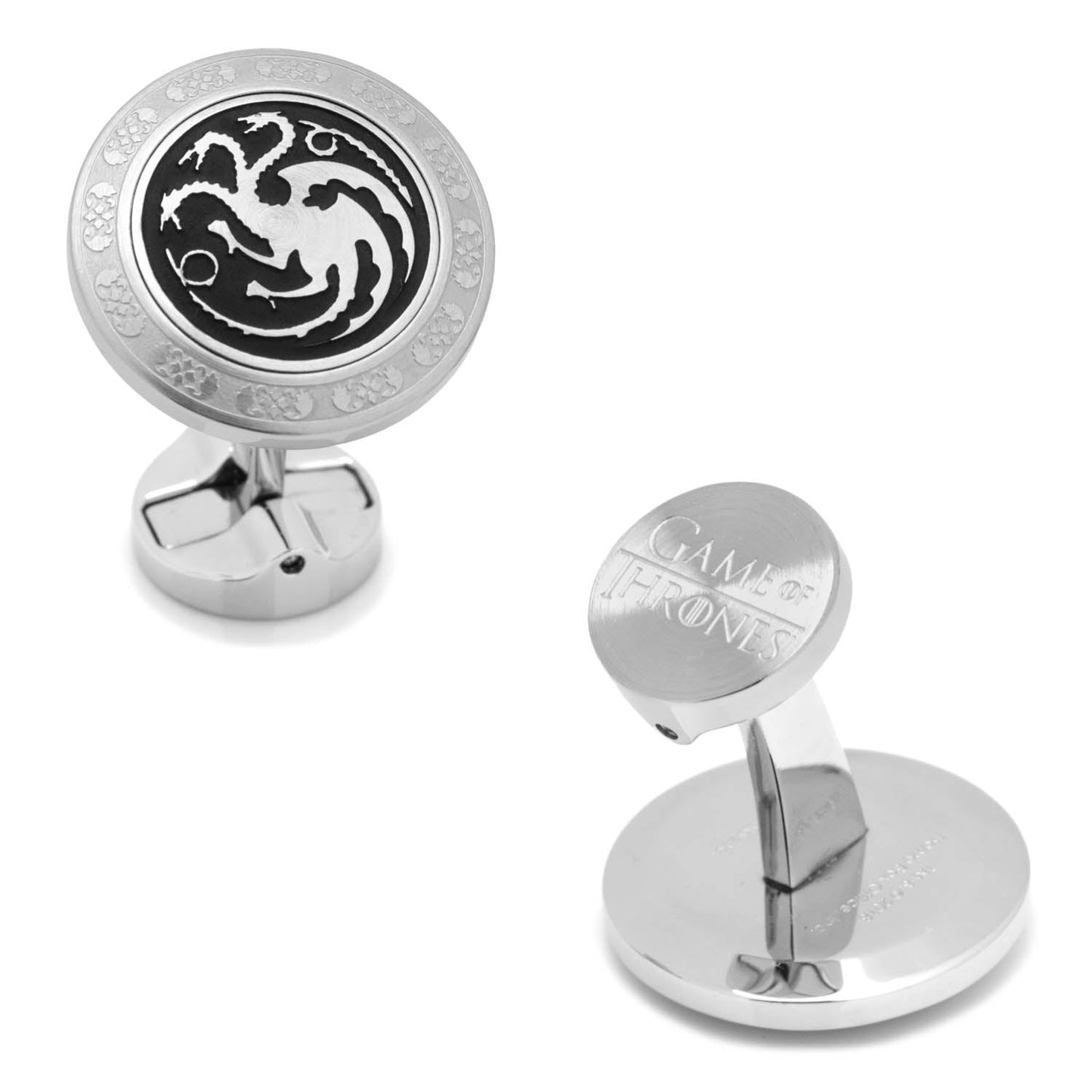 The Game of Thrones Targaryen Filigree Stainless Steel Cufflinks by Cufflinks.com feature the House Targaryen sigil and have the "Game of Thrones" logo engraved on the back.