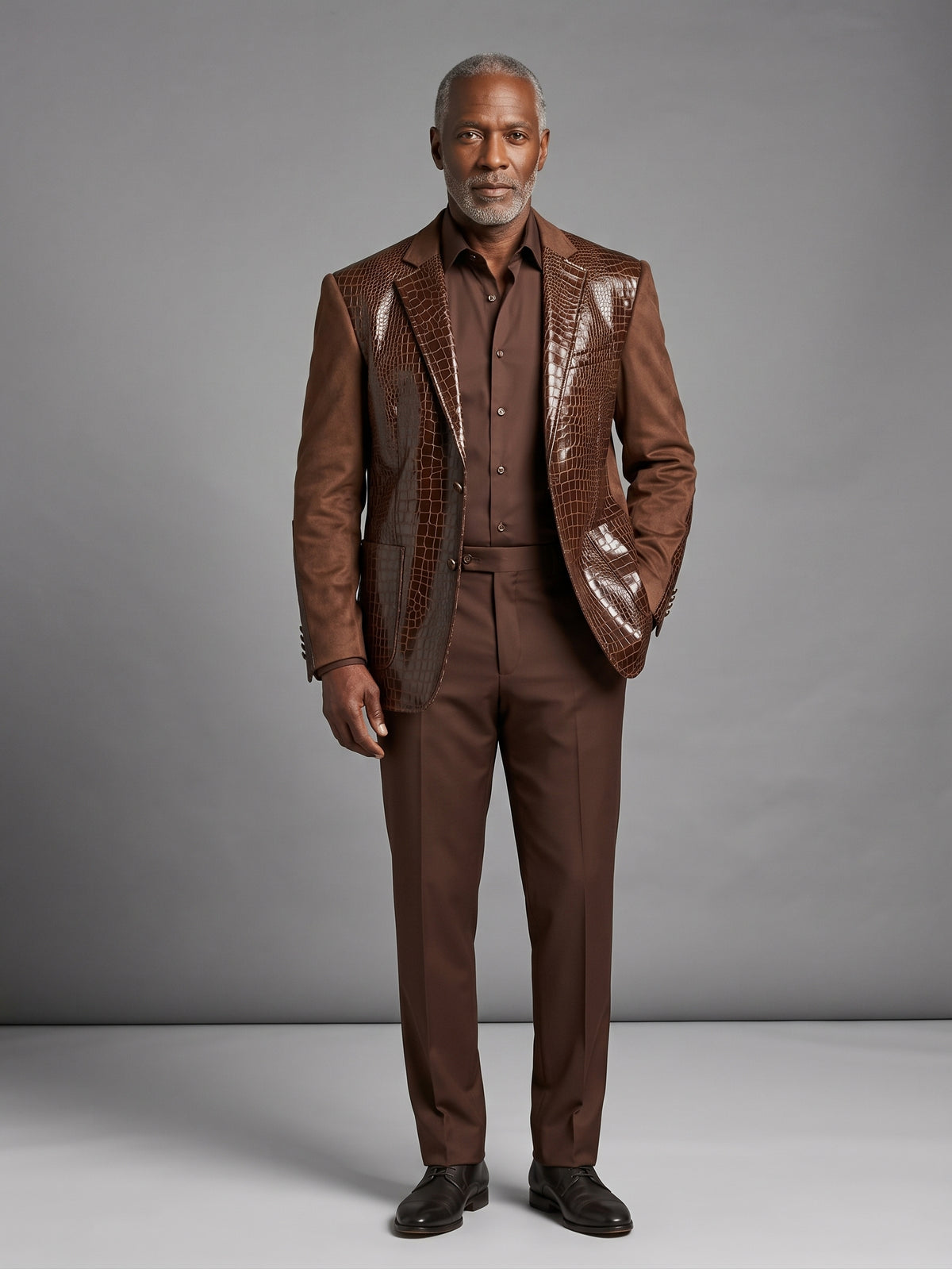 Inserch Alligator Print Combo Blazer BL565 Brown (FINAL SALE) (SIZE 3XL ONLY) features glossy alligator print panels, matte sides, and suede trim accents. Displayed on white background.