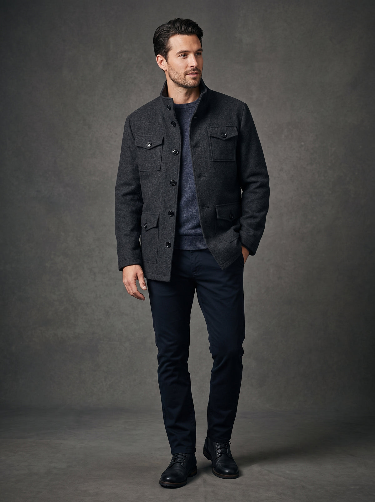 The Inserch Jacket 568-50 Charcoal (FINAL SALE, SIZE XL ONLY) features a dark gray wool design with a stand collar, button front closure, and four flap pockets, shown against a light background. Brand: Inserch.