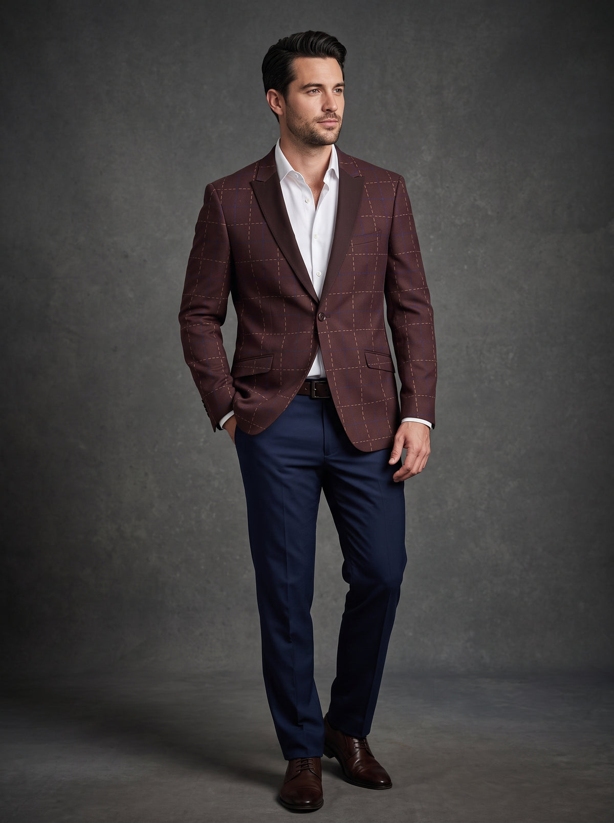 Inserch Blazer 559 Burgundy (FINAL SALE) (SIZE 3XL ONLY) in a burgundy color with a blue and tan dashed grid pattern, hanging on a wooden hanger.