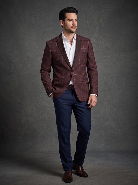 Inserch Blazer 559 Burgundy (FINAL SALE) (SIZE 3XL ONLY) in a burgundy color with a blue and tan dashed grid pattern, hanging on a wooden hanger.