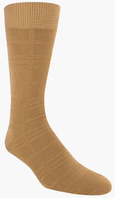 Stacy Adams Tonal Plaid Antique Gold Dress Socks from ORIGINS, featuring a beige knee-high design with a textured plaid pattern, ideal for those who fit men's sizes 8-13, showcased on a white background.
