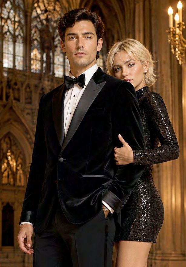 A man in a MANZINI GRAMMY 2PC Velvet Satin Trim w/ Bow Tie Slim fit and a woman in a black sequined dress standing together in a cathedral.