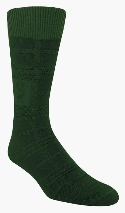 A single Stacy Adams Tonal Plaid Green Dress Sock by ORIGINS, standing upright on a light gray background.