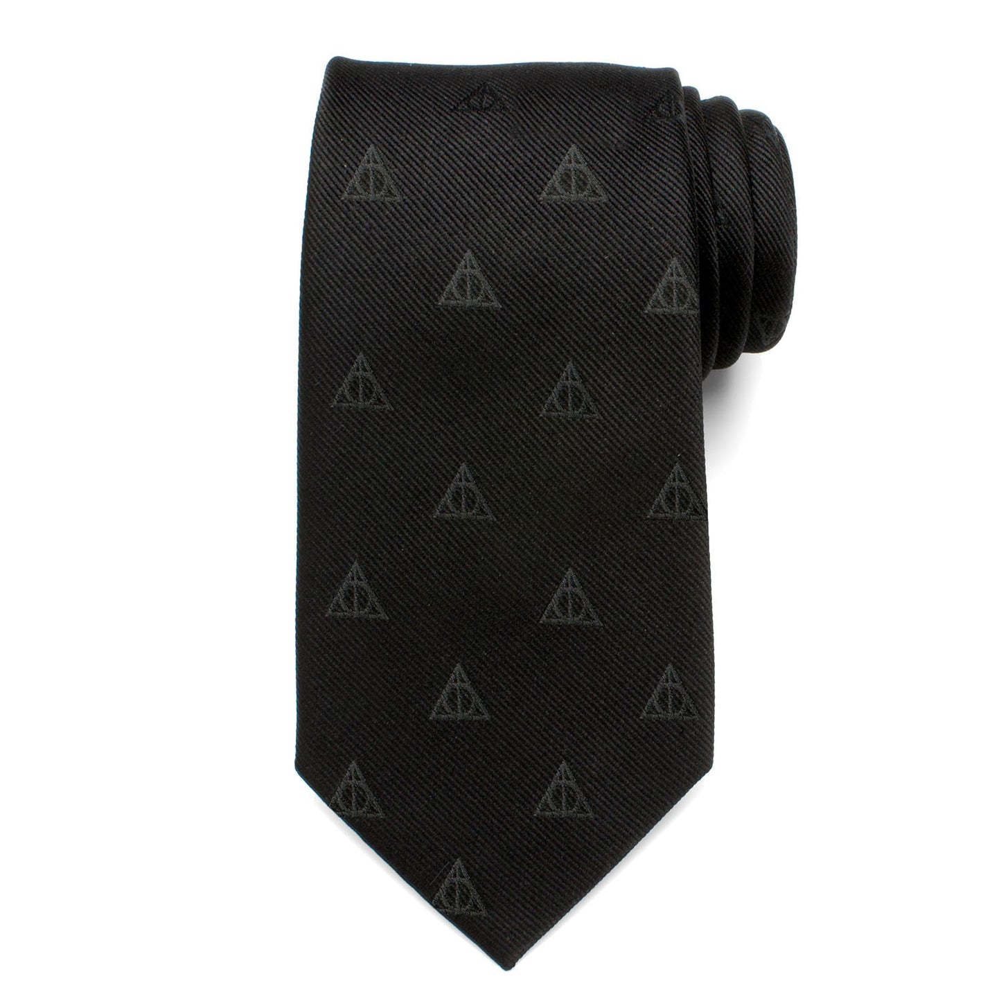 The Harry Potter Deathly Hallows Tie by Cufflinks.com is a black silk tie with a subtle, repeating pattern of small triangle symbols.