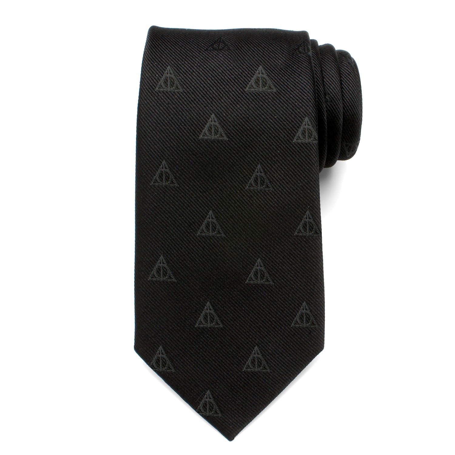 The Harry Potter Deathly Hallows Tie by Cufflinks.com is a black silk tie with a subtle, repeating pattern of small triangle symbols.