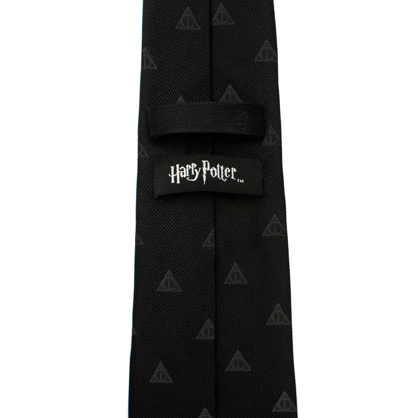 The Harry Potter Deathly Hallows Tie by Cufflinks.com is a black silk tie with a subtle, repeating pattern of small triangle symbols.