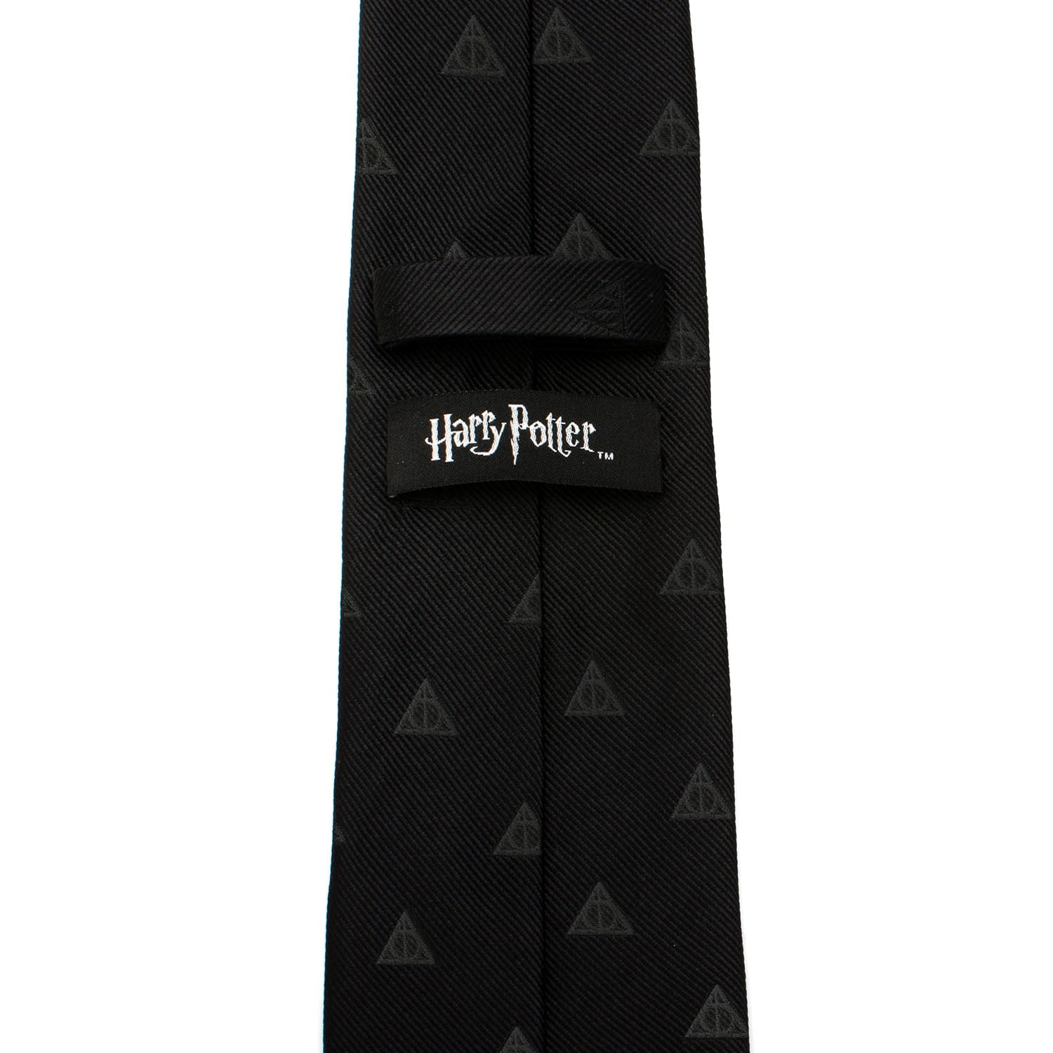 The Harry Potter Deathly Hallows Tie by Cufflinks.com is a black silk tie with a subtle, repeating pattern of small triangle symbols.