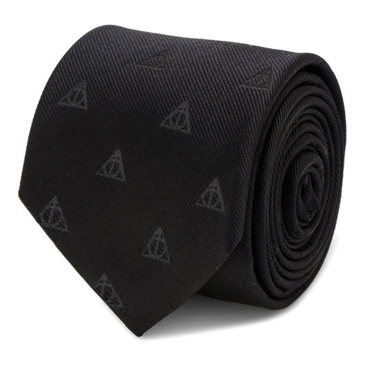 The Harry Potter Deathly Hallows Tie by Cufflinks.com is a black silk tie with a subtle, repeating pattern of small triangle symbols.