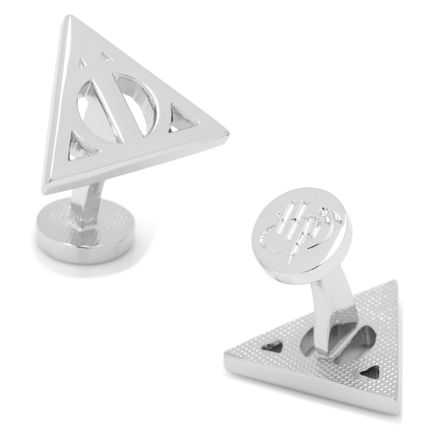 The Harry Potter Silver Deathly Hallows Cufflinks from Cufflinks.com feature a silver triangular design with a cutout Hallows symbol and round back closure—an ideal, subtle accessory for any Wizarding World fan.