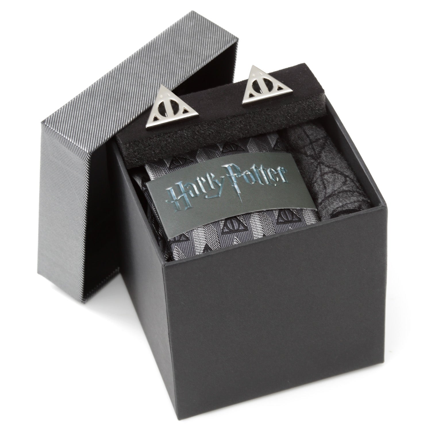 The Harry Potter Deathly Hallows Gray Necktie Gift Set by Cufflinks.com includes a tie, socks, and cufflinks with a geometric triangle design—an ideal Wizarding World gift for any Harry Potter fan.