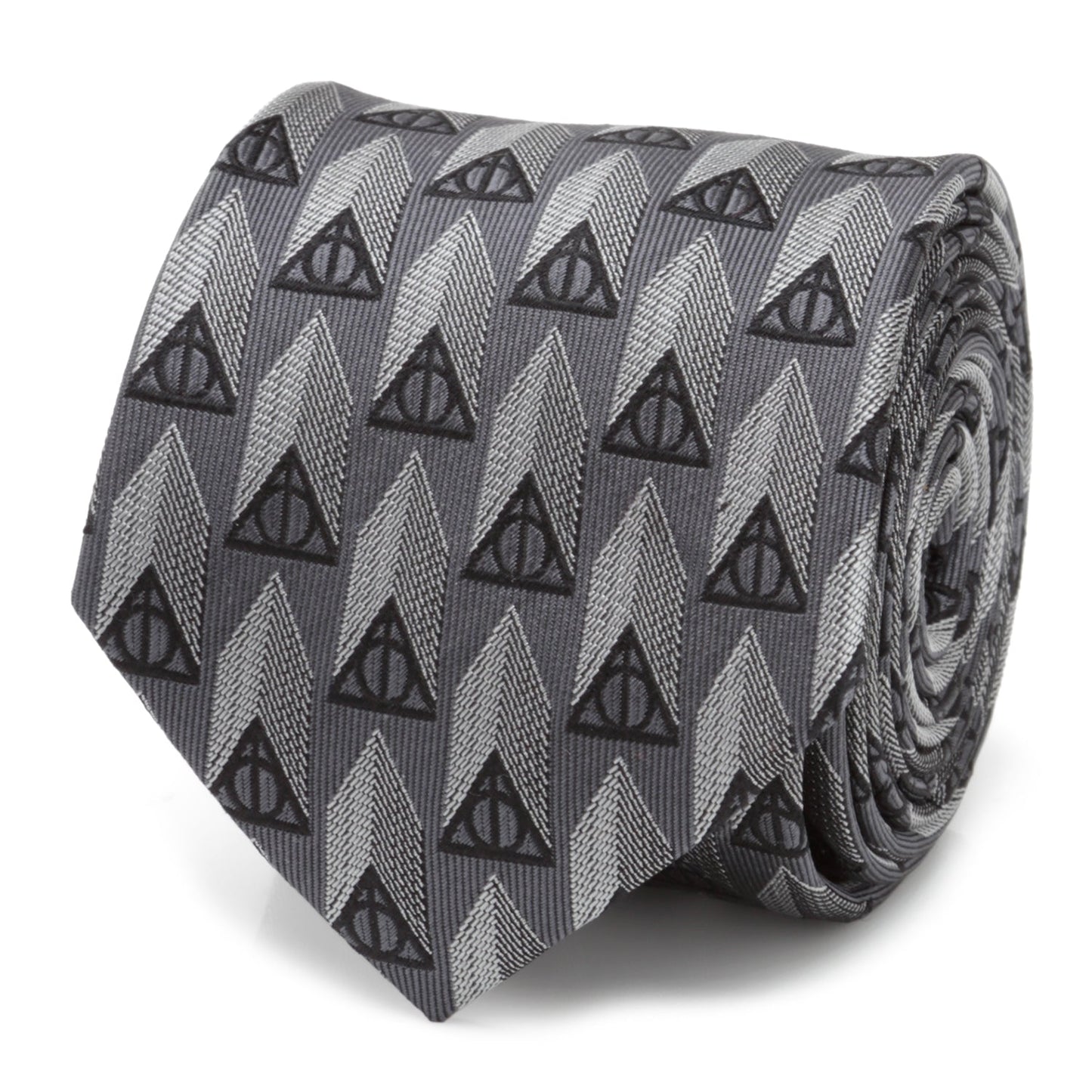 The Harry Potter Deathly Hallows Gray Necktie Gift Set by Cufflinks.com includes a tie, socks, and cufflinks with a geometric triangle design—an ideal Wizarding World gift for any Harry Potter fan.