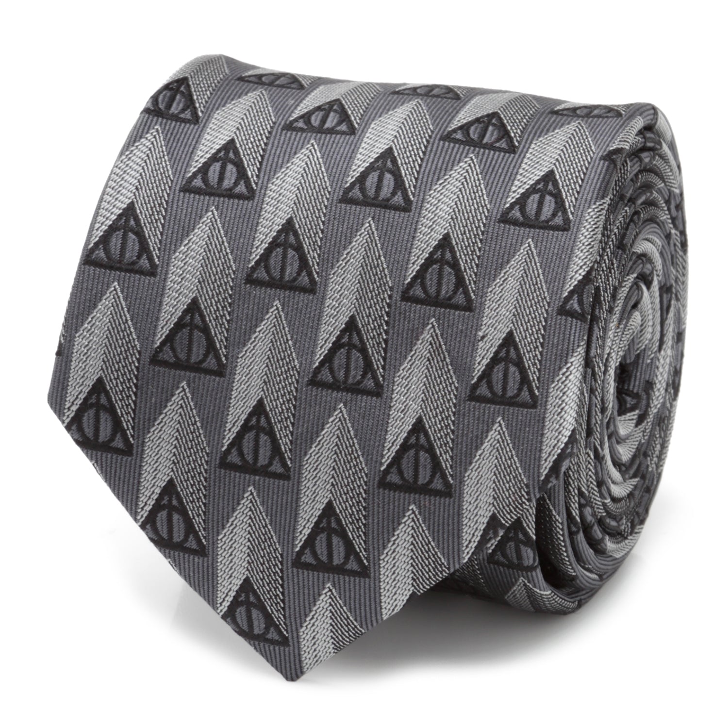 The Harry Potter Deathly Hallows Gray Necktie Gift Set by Cufflinks.com includes a tie, socks, and cufflinks with a geometric triangle design—an ideal Wizarding World gift for any Harry Potter fan.