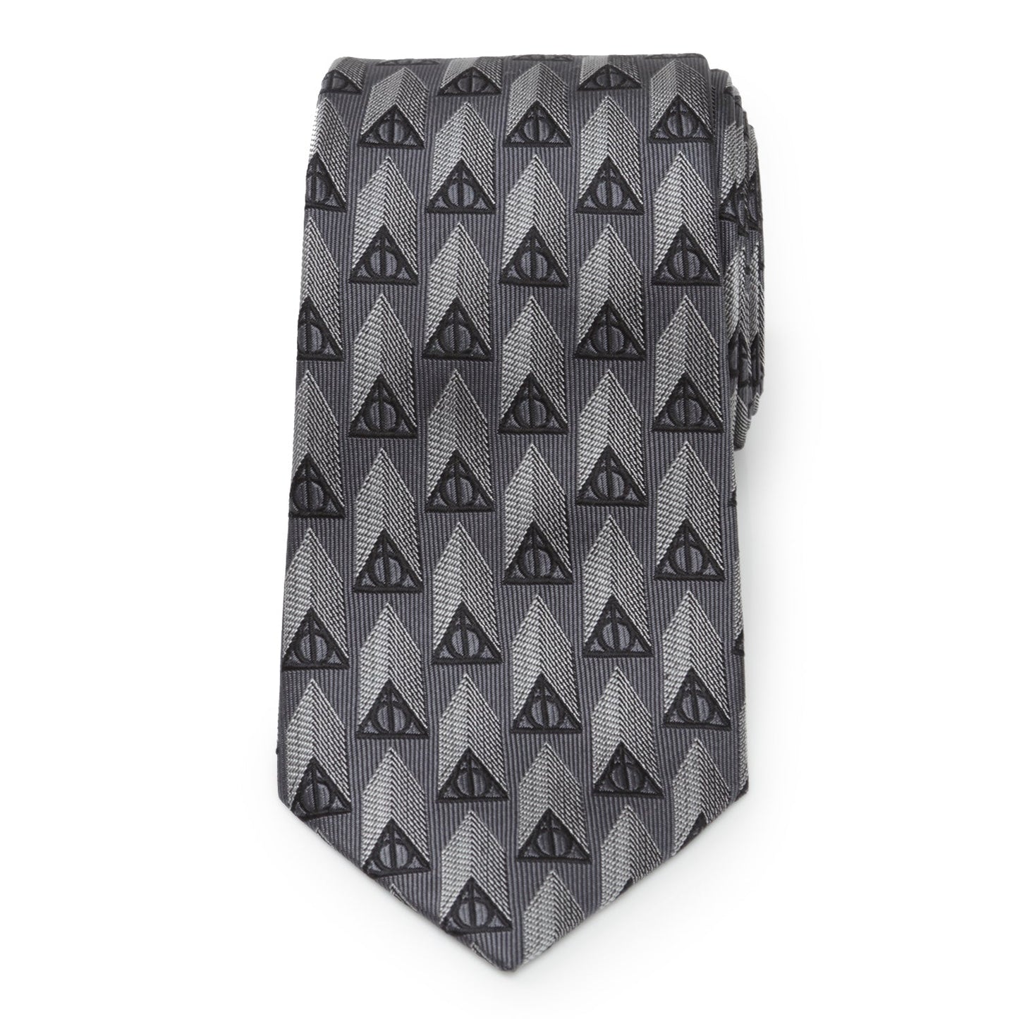 The Harry Potter Deathly Hallows Gray Necktie Gift Set by Cufflinks.com includes a tie, socks, and cufflinks with a geometric triangle design—an ideal Wizarding World gift for any Harry Potter fan.