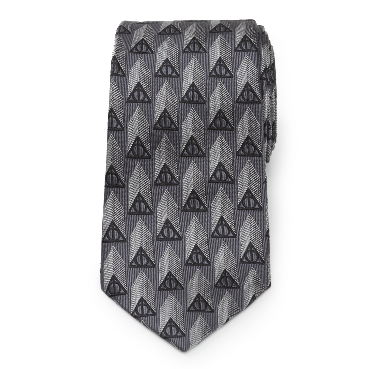 The Harry Potter Deathly Hallows Gray Necktie Gift Set by Cufflinks.com includes a tie, socks, and cufflinks with a geometric triangle design—an ideal Wizarding World gift for any Harry Potter fan.