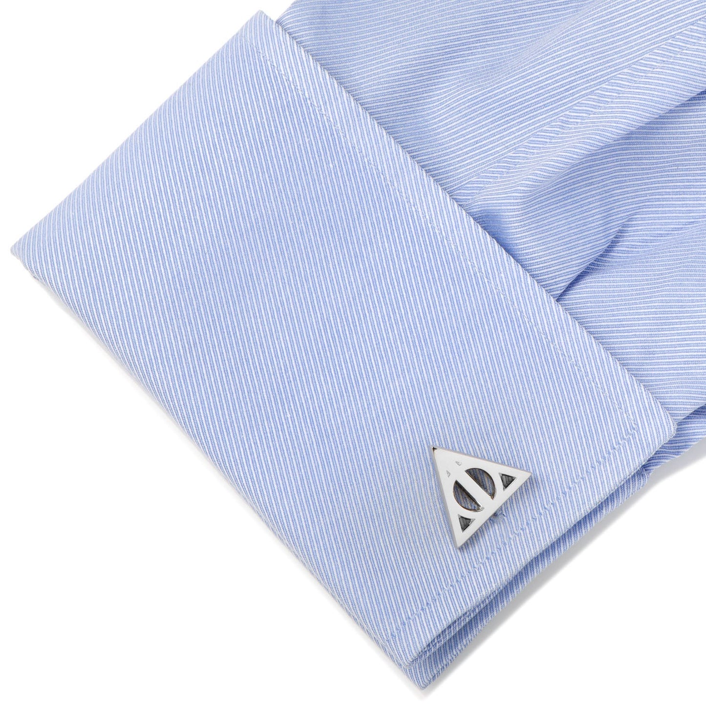 The Harry Potter Deathly Hallows Gray Necktie Gift Set by Cufflinks.com includes a tie, socks, and cufflinks with a geometric triangle design—an ideal Wizarding World gift for any Harry Potter fan.