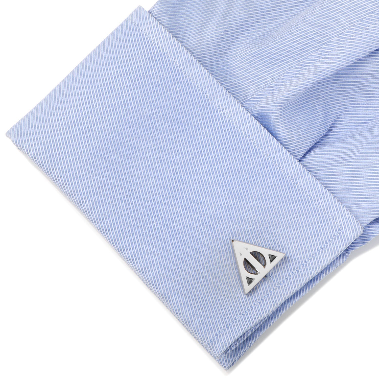 The Harry Potter Deathly Hallows Gray Necktie Gift Set by Cufflinks.com includes a tie, socks, and cufflinks with a geometric triangle design—an ideal Wizarding World gift for any Harry Potter fan.