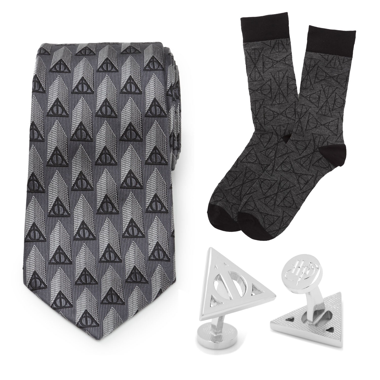 The Harry Potter Deathly Hallows Gray Necktie Gift Set by Cufflinks.com includes a tie, socks, and cufflinks with a geometric triangle design—an ideal Wizarding World gift for any Harry Potter fan.