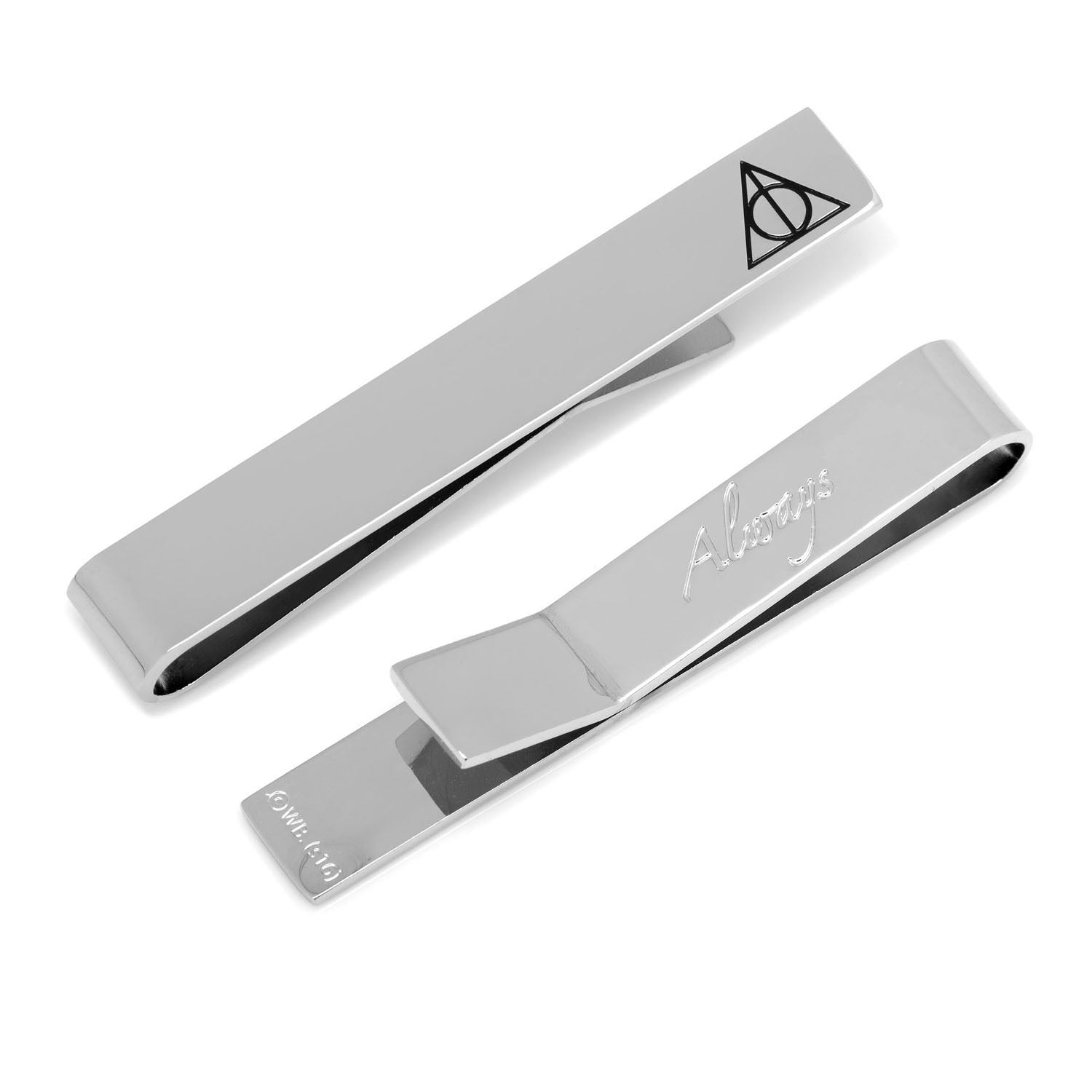 The Harry Potter Deathly Hallows Gift Set by Cufflinks.com includes a black necktie, silver tie clip, and triangular Deathly Hallows cufflinks with the iconic symbol—a perfect stylish gift.