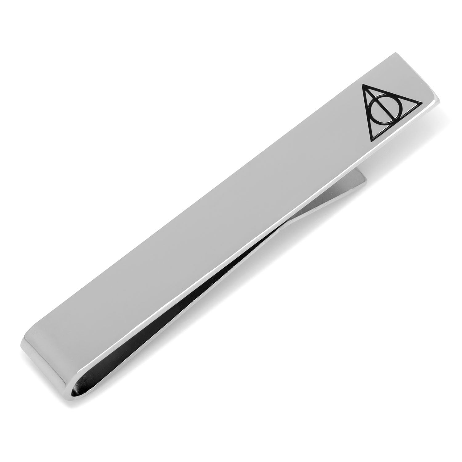 The Harry Potter Deathly Hallows Gift Set by Cufflinks.com includes a black necktie, silver tie clip, and triangular Deathly Hallows cufflinks with the iconic symbol—a perfect stylish gift.