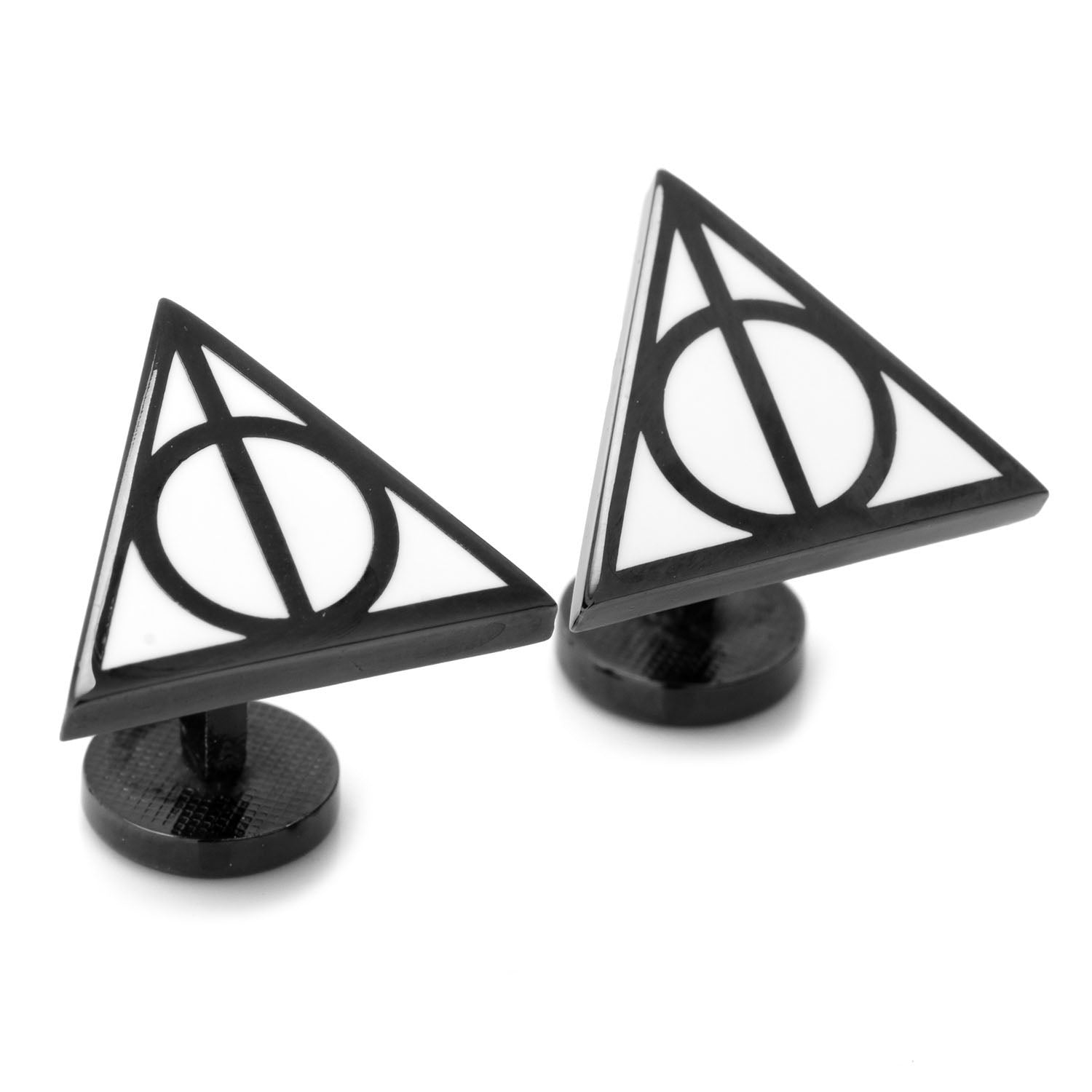 The Harry Potter Deathly Hallows Gift Set by Cufflinks.com includes a black necktie, silver tie clip, and triangular Deathly Hallows cufflinks with the iconic symbol—a perfect stylish gift.