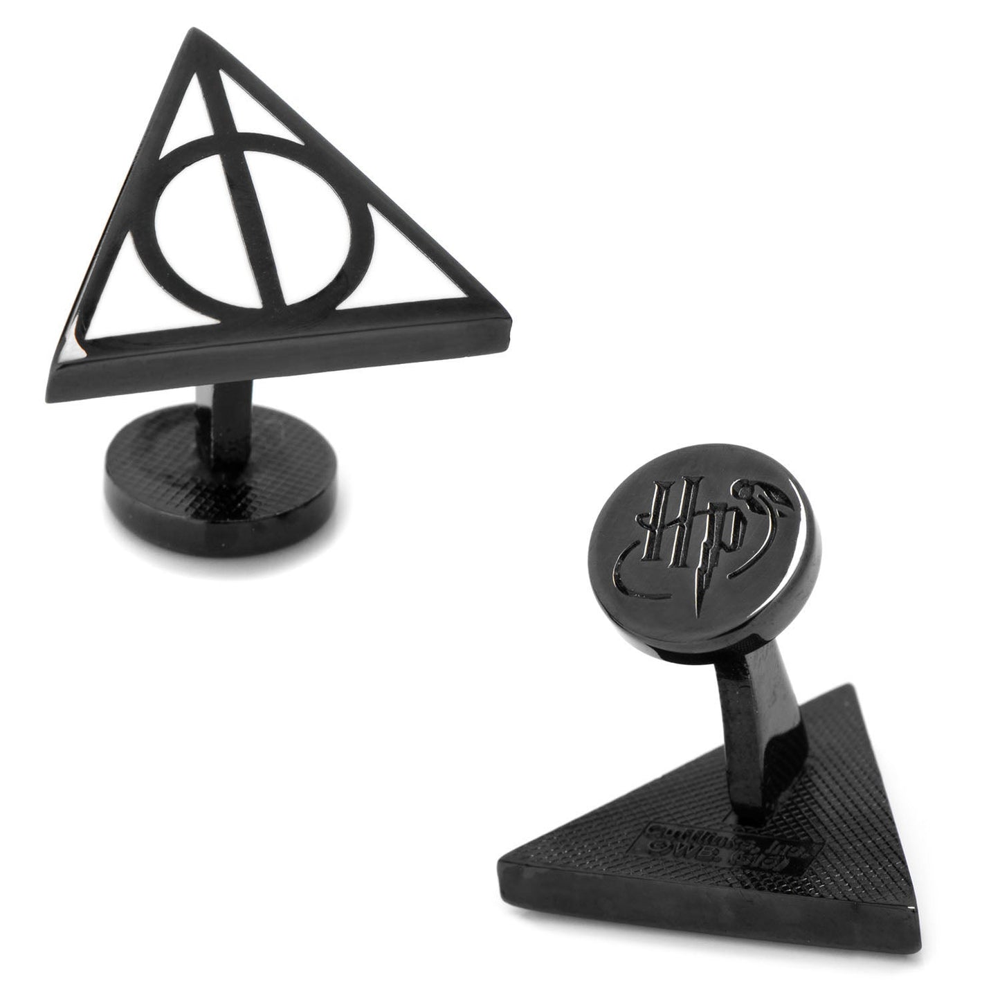 The Harry Potter Deathly Hallows Gift Set by Cufflinks.com includes a black necktie, silver tie clip, and triangular Deathly Hallows cufflinks with the iconic symbol—a perfect stylish gift.