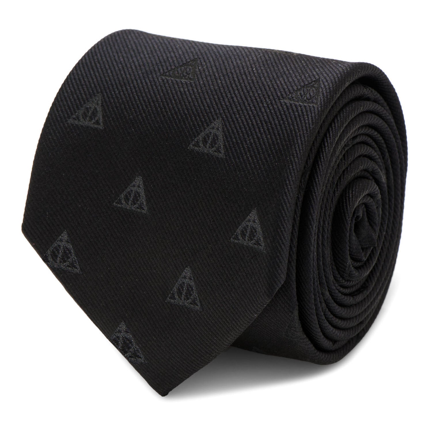 The Harry Potter Deathly Hallows Gift Set by Cufflinks.com includes a black necktie, silver tie clip, and triangular Deathly Hallows cufflinks with the iconic symbol—a perfect stylish gift.