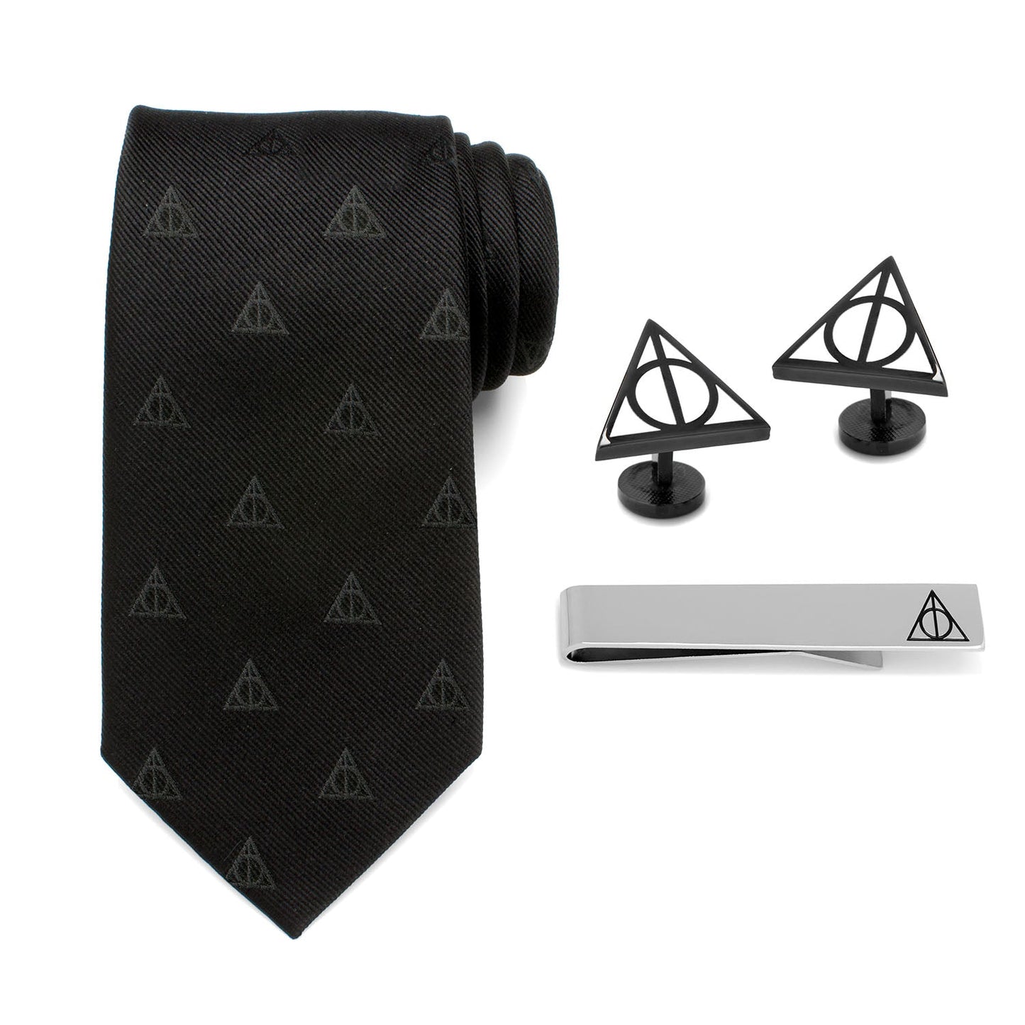 The Harry Potter Deathly Hallows Gift Set by Cufflinks.com includes a black necktie, silver tie clip, and triangular Deathly Hallows cufflinks with the iconic symbol—a perfect stylish gift.
