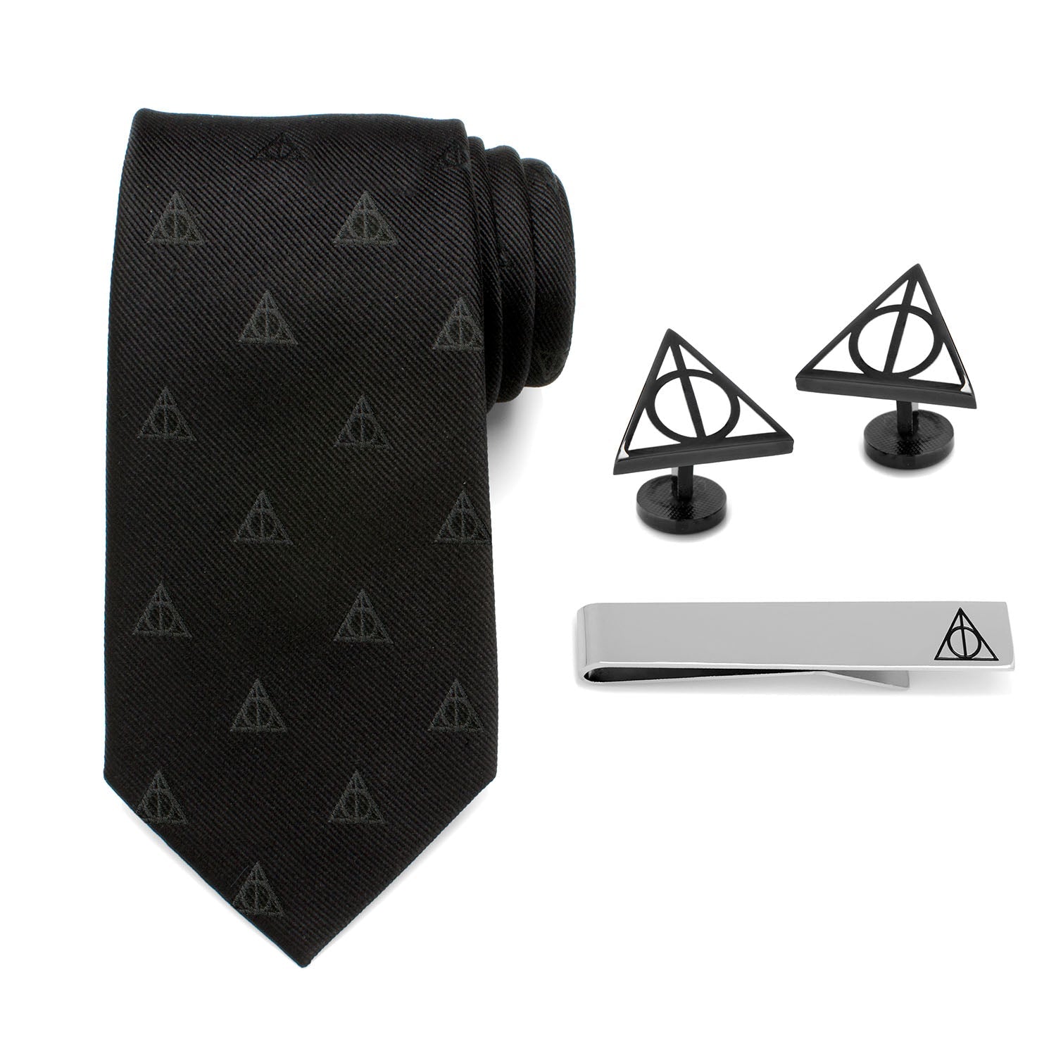 The Harry Potter Deathly Hallows Gift Set by Cufflinks.com includes a black necktie, silver tie clip, and triangular Deathly Hallows cufflinks with the iconic symbol—a perfect stylish gift.