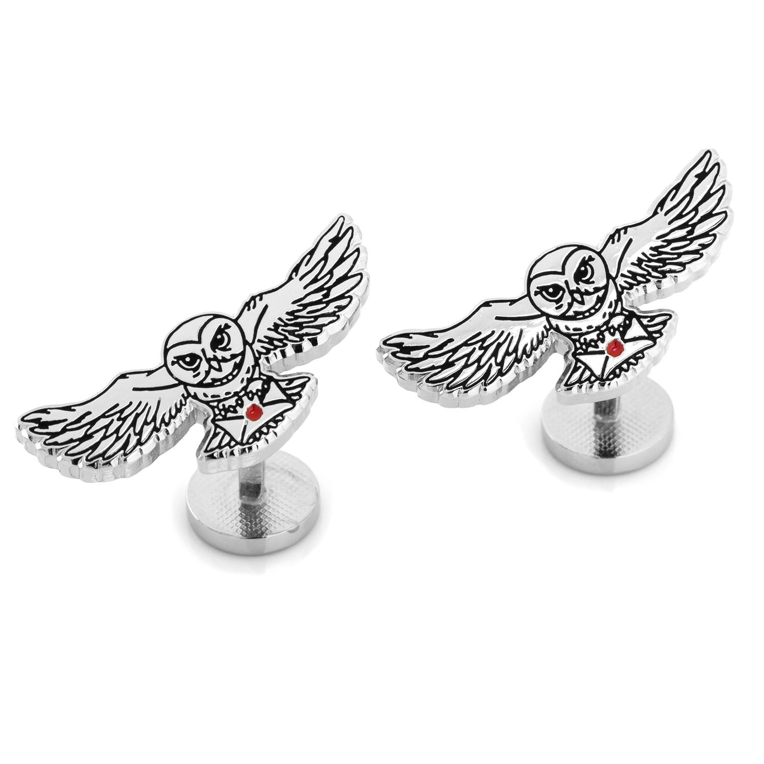 The Harry Potter Hedwig Owl Cufflinks by Cufflinks.com feature silver, owl-in-flight designs with engraved details and an “HP” logo on the back—a must-have for any Harry Potter cufflink collection.