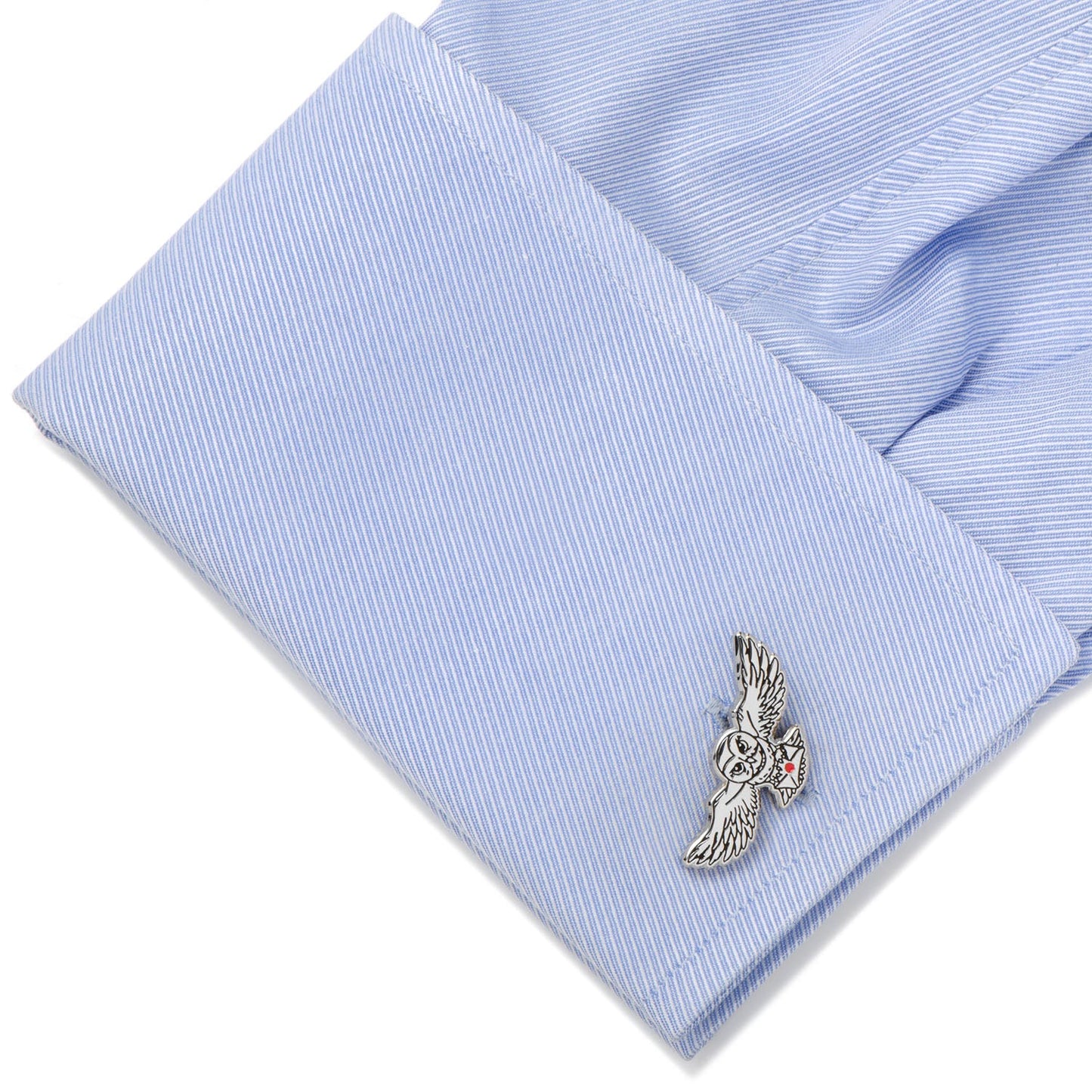The Harry Potter Hedwig Owl Cufflinks by Cufflinks.com feature silver, owl-in-flight designs with engraved details and an “HP” logo on the back—a must-have for any Harry Potter cufflink collection.