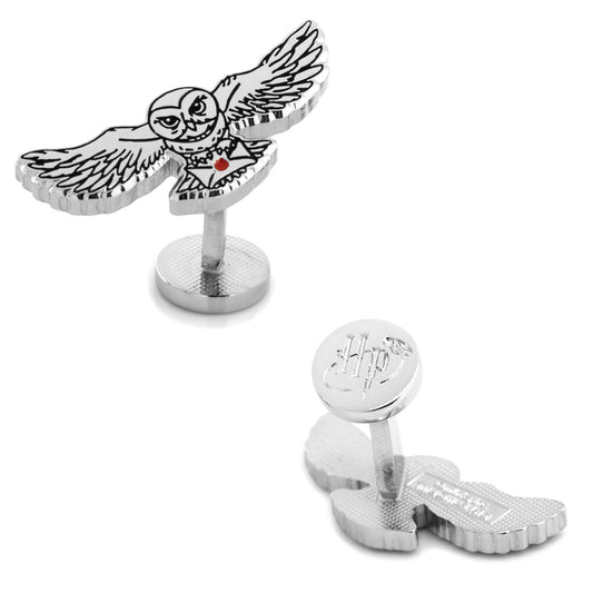 The Harry Potter Hedwig Owl Cufflinks by Cufflinks.com feature silver, owl-in-flight designs with engraved details and an “HP” logo on the back—a must-have for any Harry Potter cufflink collection.