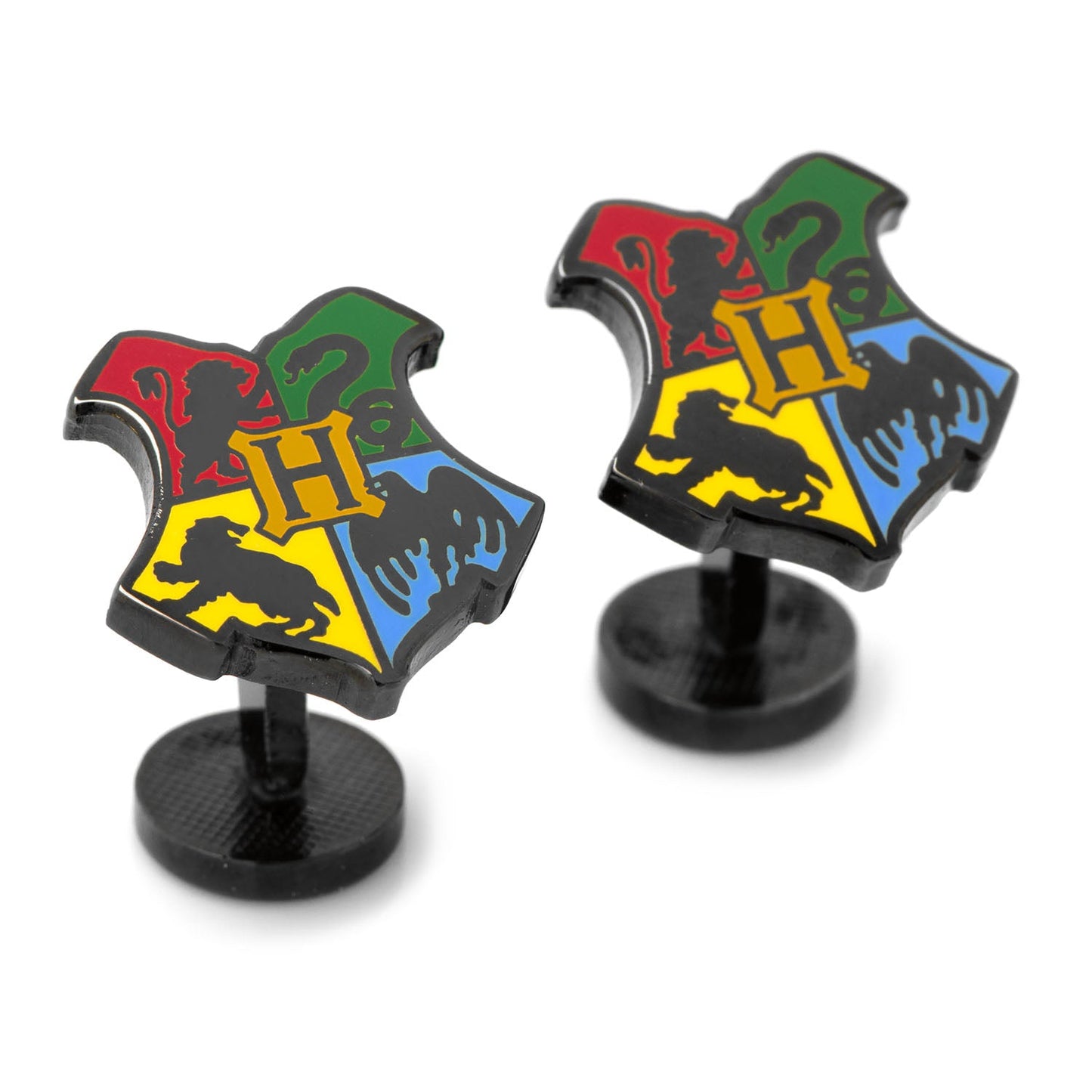 The Harry Potter Hogwarts Shield Cufflinks by Cufflinks.com feature the Hogwarts crest with house symbols and an "HP" logo on the back—ideal wizard accessories for any fan.