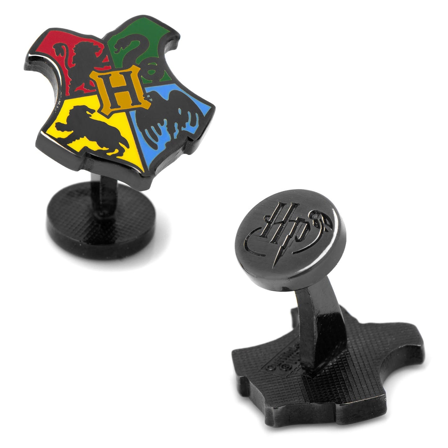 The Harry Potter Hogwarts Shield Cufflinks by Cufflinks.com feature the Hogwarts crest with house symbols and an "HP" logo on the back—ideal wizard accessories for any fan.