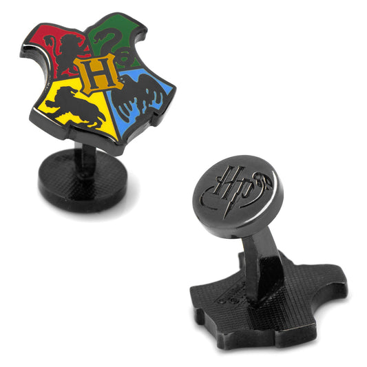 The Harry Potter Hogwarts Shield Cufflinks by Cufflinks.com feature the Hogwarts crest with house symbols and an "HP" logo on the back—ideal wizard accessories for any fan.