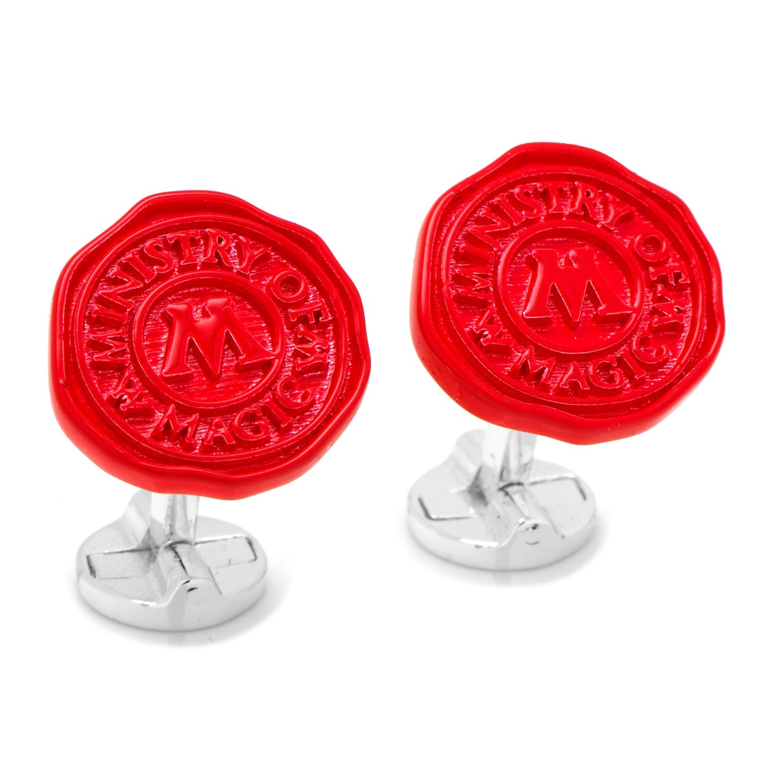 Cufflinks.com’s Harry Potter Ministry of Magic Wax Stamp Cufflinks feature one red Ministry wax seal and one engraved HP logo—unique Wizarding World accessories perfect for any fan.