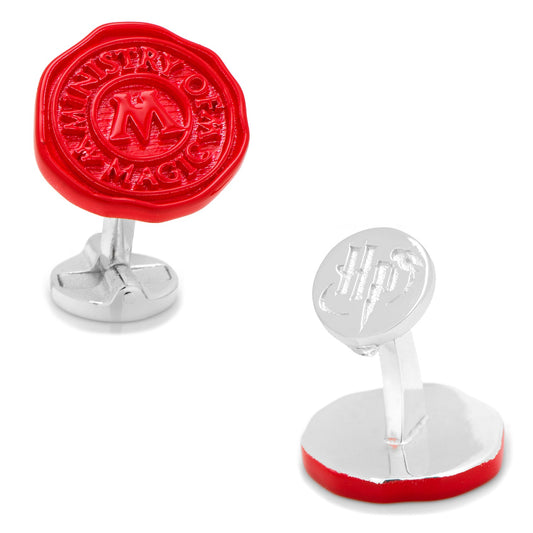 Cufflinks.com’s Harry Potter Ministry of Magic Wax Stamp Cufflinks feature one red Ministry wax seal and one engraved HP logo—unique Wizarding World accessories perfect for any fan.