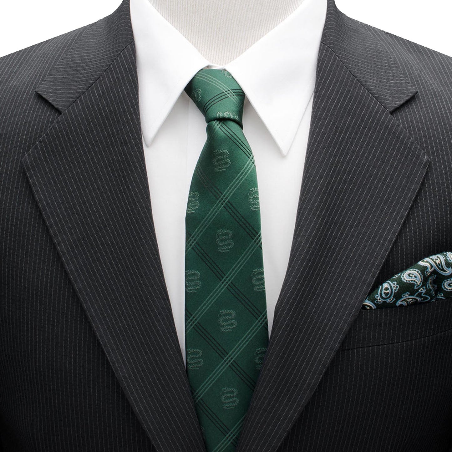 Show your Hogwarts pride with the Harry Potter Slytherin Plaid Tie by Cufflinks.com, featuring green plaid, diagonal stripes, and Slytherin house emblems.