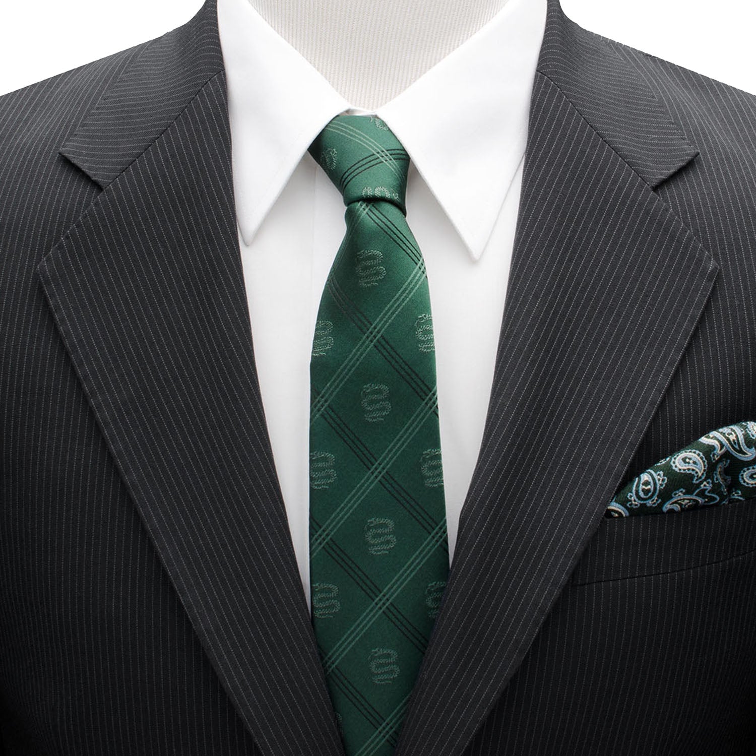 Show your Hogwarts pride with the Harry Potter Slytherin Plaid Tie by Cufflinks.com, featuring green plaid, diagonal stripes, and Slytherin house emblems.