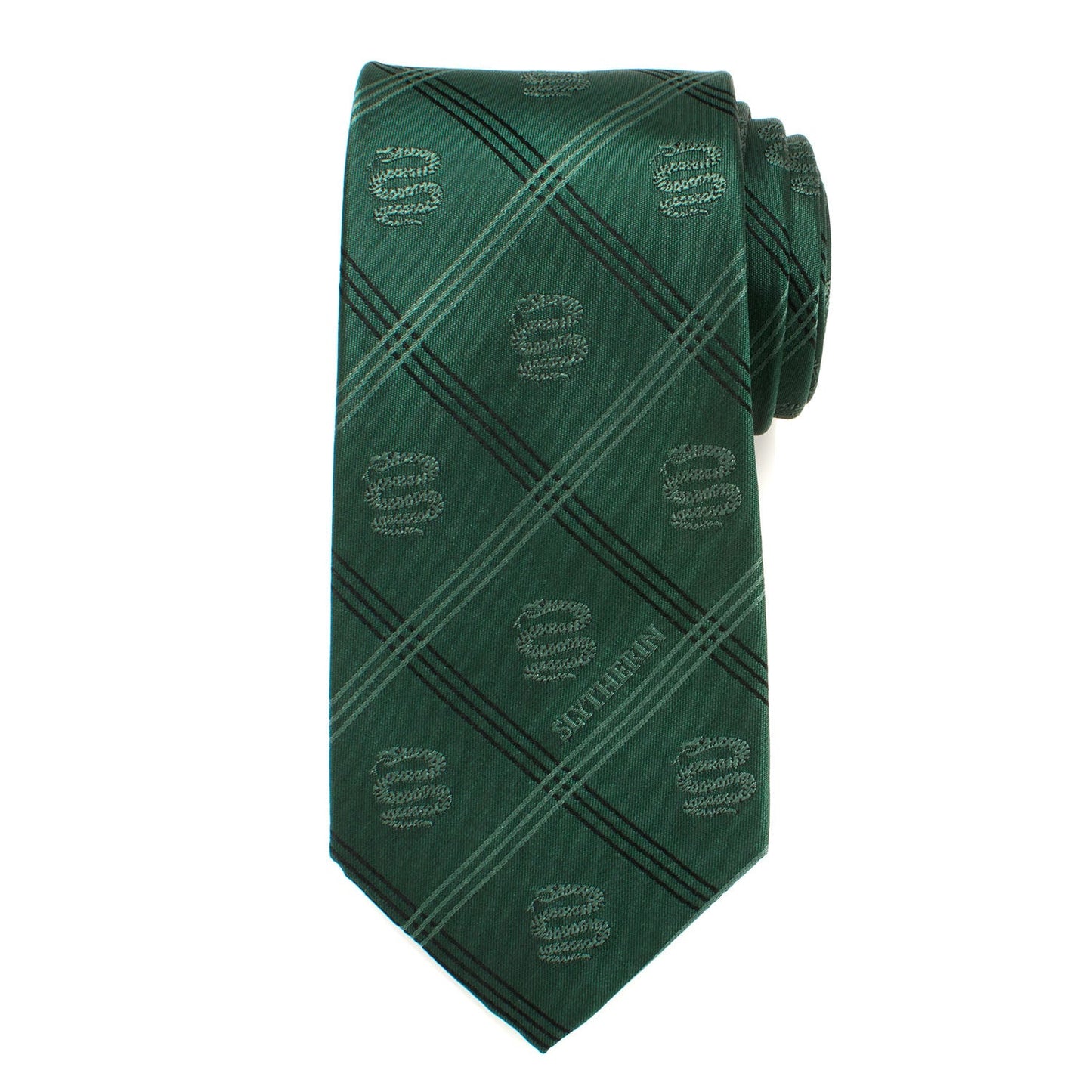 Show your Hogwarts pride with the Harry Potter Slytherin Plaid Tie by Cufflinks.com, featuring green plaid, diagonal stripes, and Slytherin house emblems.