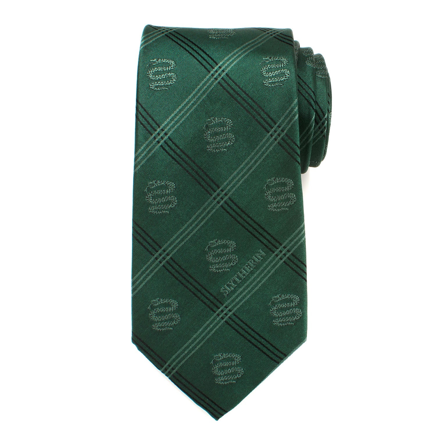 Show your Hogwarts pride with the Harry Potter Slytherin Plaid Tie by Cufflinks.com, featuring green plaid, diagonal stripes, and Slytherin house emblems.