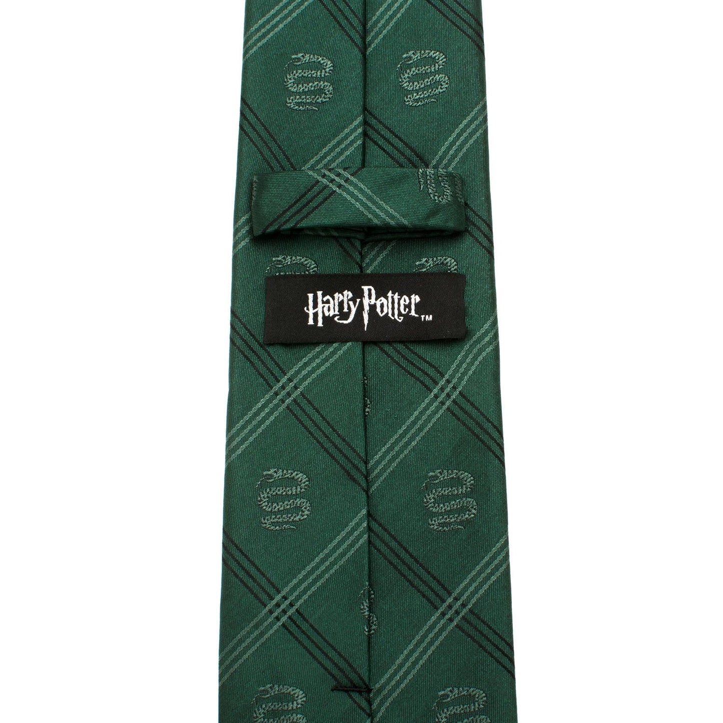 Show your Hogwarts pride with the Harry Potter Slytherin Plaid Tie by Cufflinks.com, featuring green plaid, diagonal stripes, and Slytherin house emblems.