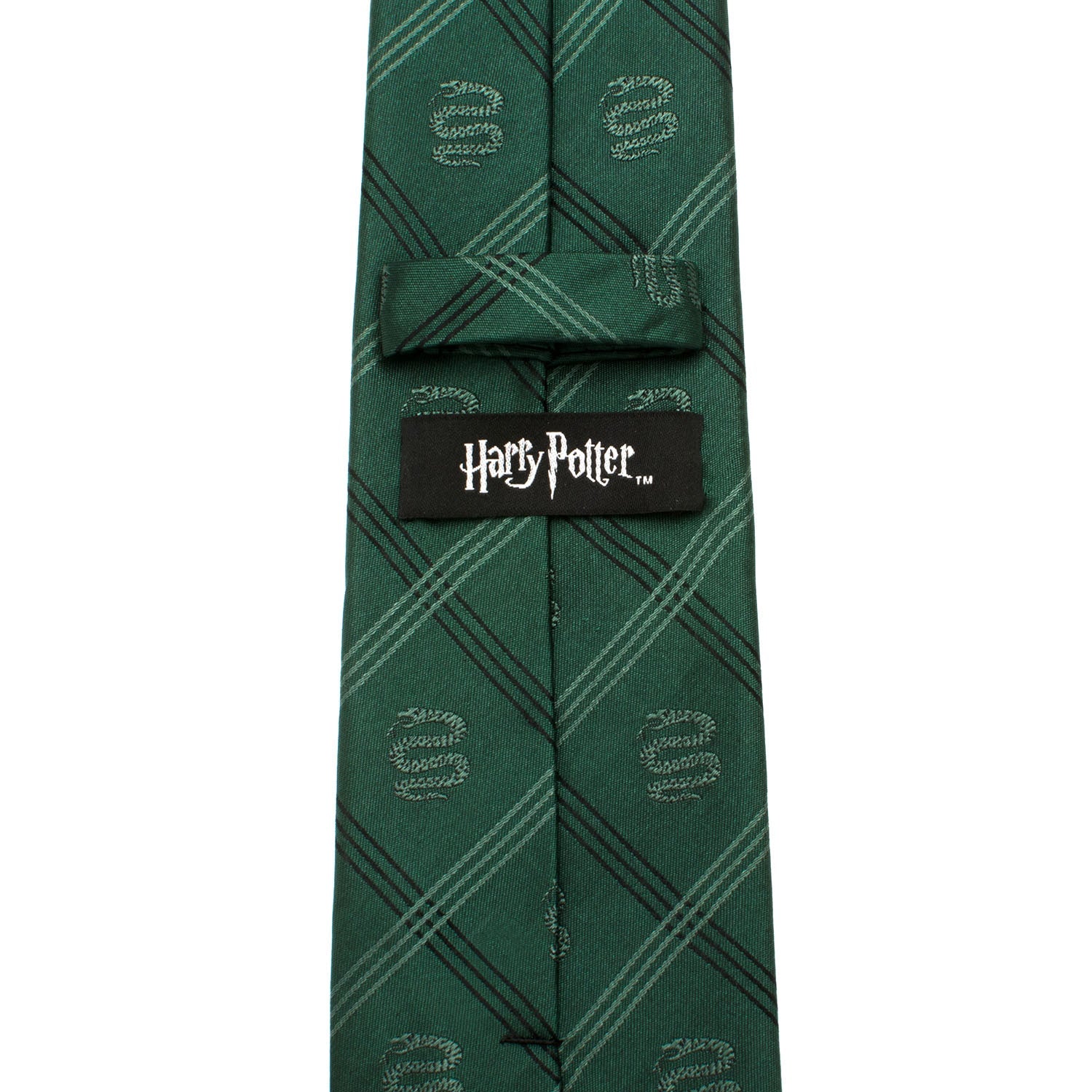 Show your Hogwarts pride with the Harry Potter Slytherin Plaid Tie by Cufflinks.com, featuring green plaid, diagonal stripes, and Slytherin house emblems.