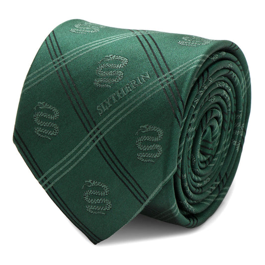 Show your Hogwarts pride with the Harry Potter Slytherin Plaid Tie by Cufflinks.com, featuring green plaid, diagonal stripes, and Slytherin house emblems.