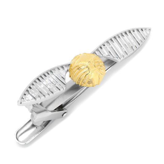 The Harry Potter Golden Snitch Tie Clip from Cufflinks.com features engraved branding on the flat top, capturing magical detail—ideal for fans wanting to add a touch of wizardry to their daily look.