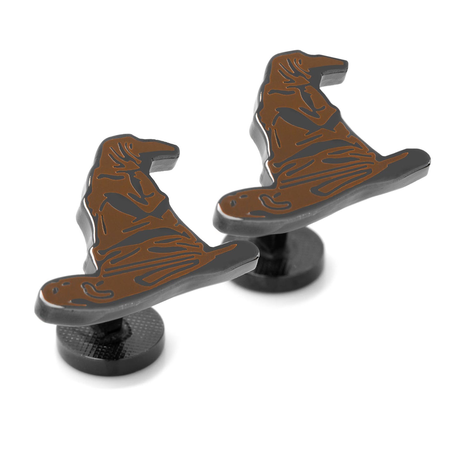 Harry Potter Sorting Hat Cufflinks by Cufflinks.com feature one cufflink with the iconic Sorting Hat design and the other with an "HP" logo on the back.